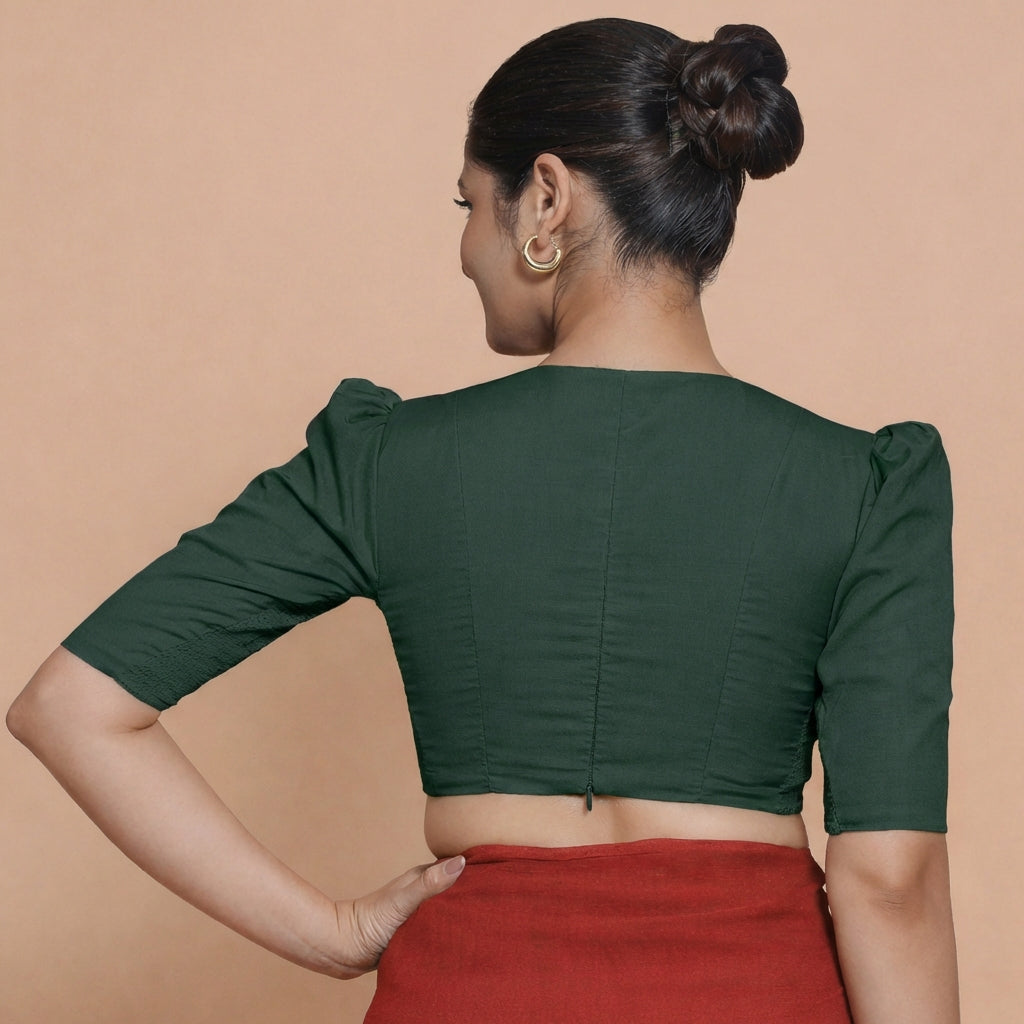 Alaya x Rozaana Saree Blouse, in Green 100% Cotton, featuring elbow sleeves and v-neckline, made for daily & work (view 2).