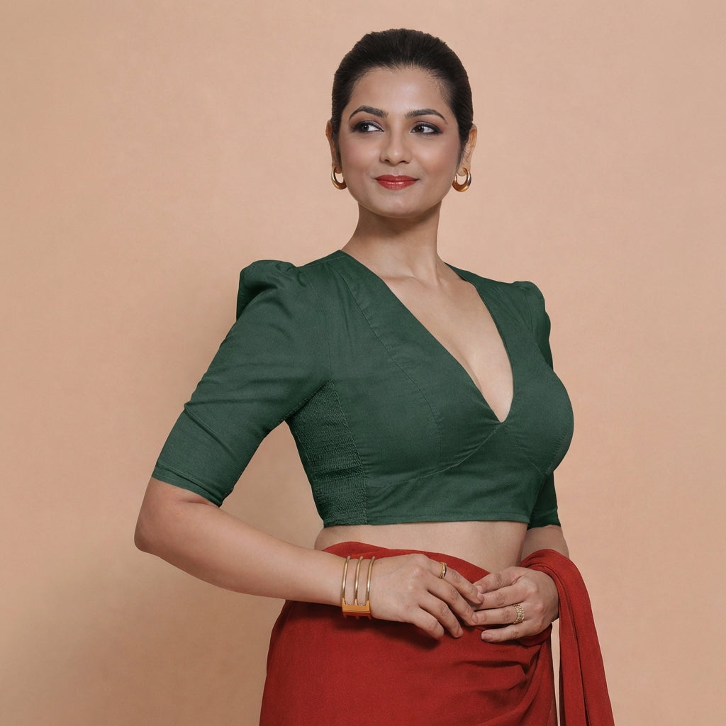 Alaya x Rozaana Saree Blouse, in Green 100% Cotton, featuring elbow sleeves and v-neckline, made for daily & work (view 6).