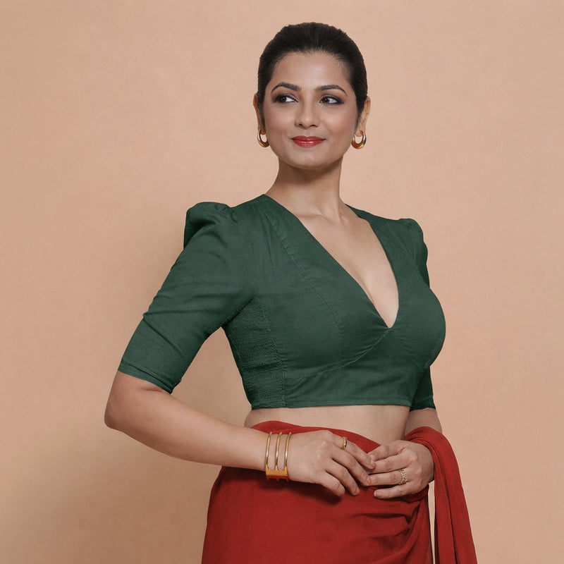 Alaya x Rozaana | Puff Sleeves Moss Green Plain Cotton Saree Blouse-Binks