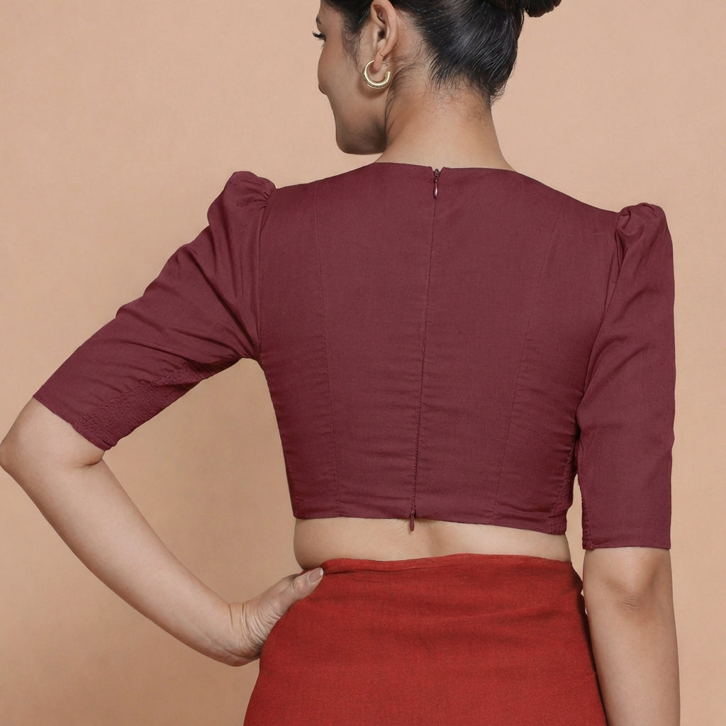 Alaya x Rozaana Saree Blouse, in Maroon 100% Cotton, featuring elbow sleeves and v-neckline, made for daily & work (view 2).