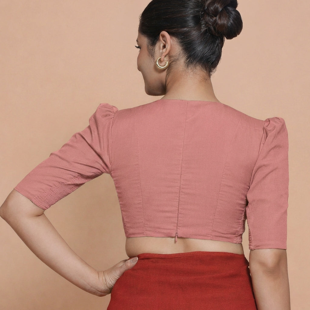 Alaya x Rozaana Saree Blouse, in Peach 100% Cotton, featuring elbow sleeves and v-neckline, made for daily & work (view 2).