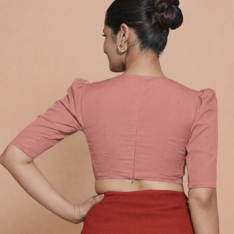 Alaya x Rozaana Saree Blouse, in Peach 100% Cotton, featuring elbow sleeves and v-neckline, made for daily & work (view 2).