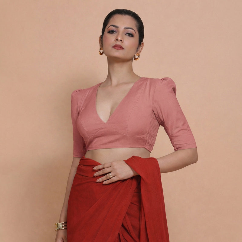 Alaya x Rozaana | Puff Sleeves Soft Peach Plain Cotton Saree Blouse-Binks