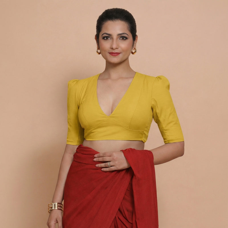 Alaya x Rozaana | Puff Sleeves Sunny Yellow Plain Cotton Saree Blouse-Binks