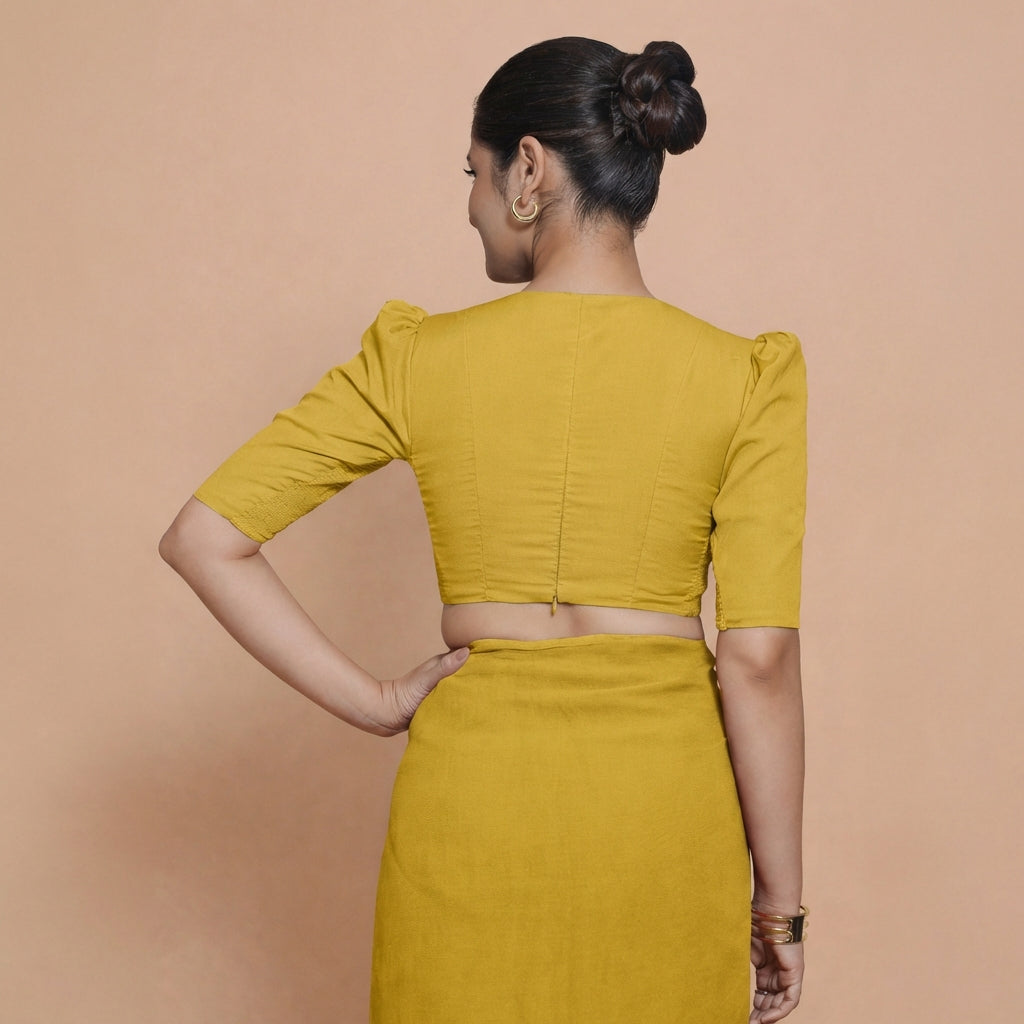 Alaya x Rozaana Saree Blouse, in Yellow 100% Cotton, featuring elbow sleeves and v-neckline, made for daily & work (view 2).