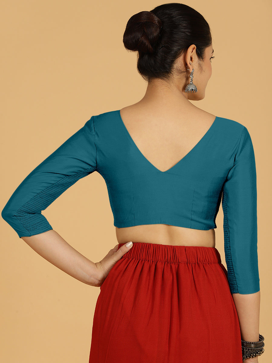 Alia x Rozaana Saree Blouse, in Blue Viscose, featuring three quarter sleeves and v-neckline, made for daily & work (view 2).