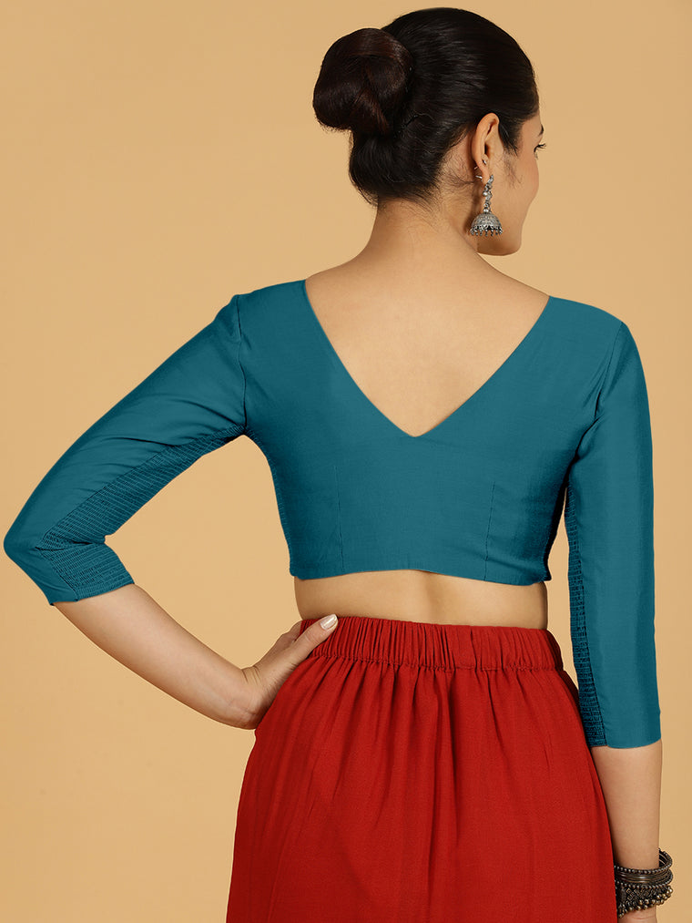 Alia x Rozaana Saree Blouse, in Blue Viscose, featuring three quarter sleeves and v-neckline, made for daily & work (view 2).