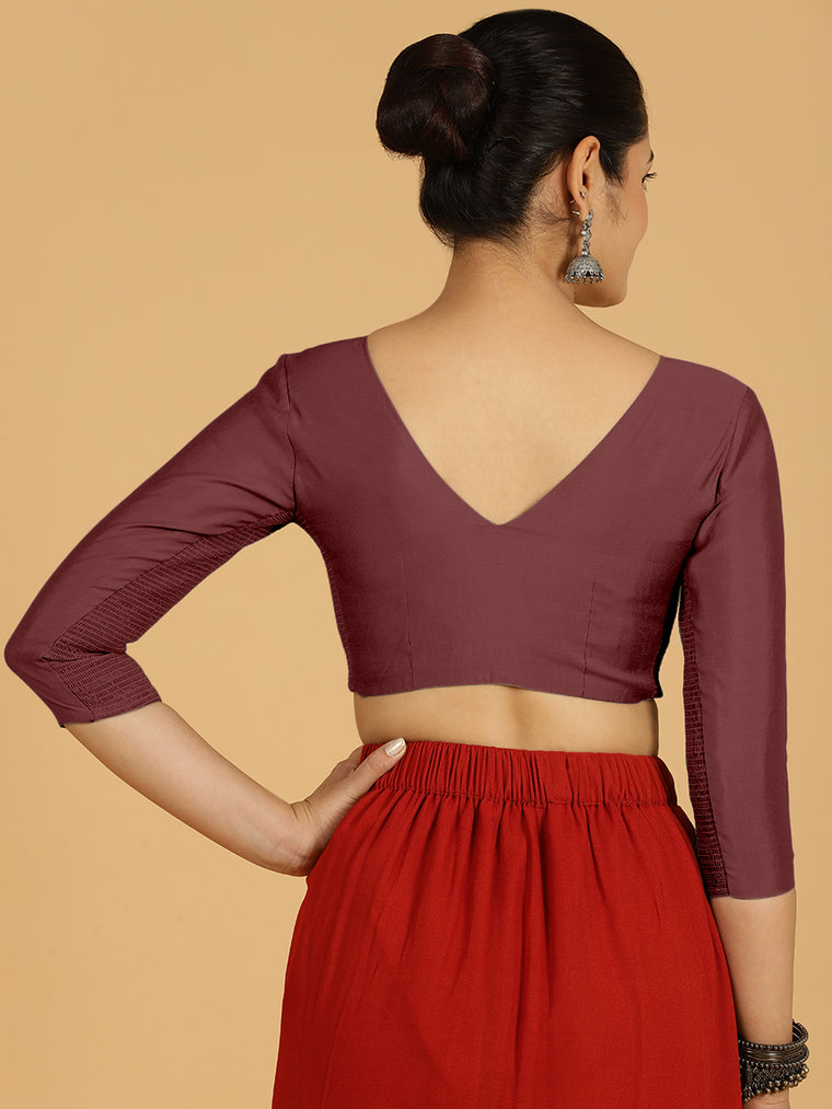 Alia x Rozaana Saree Blouse, in Maroon Viscose, featuring three quarter sleeves and v-neckline, made for daily & work (view 2).