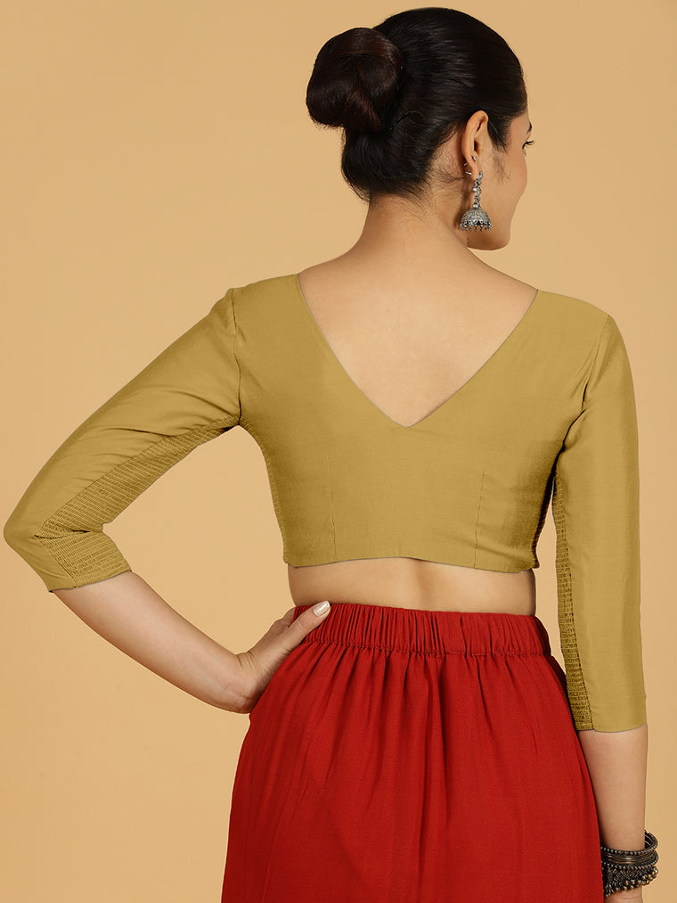 Alia x Rozaana Saree Blouse, in Yellow Viscose, featuring three quarter sleeves and v-neckline, made for daily & work (view 2).