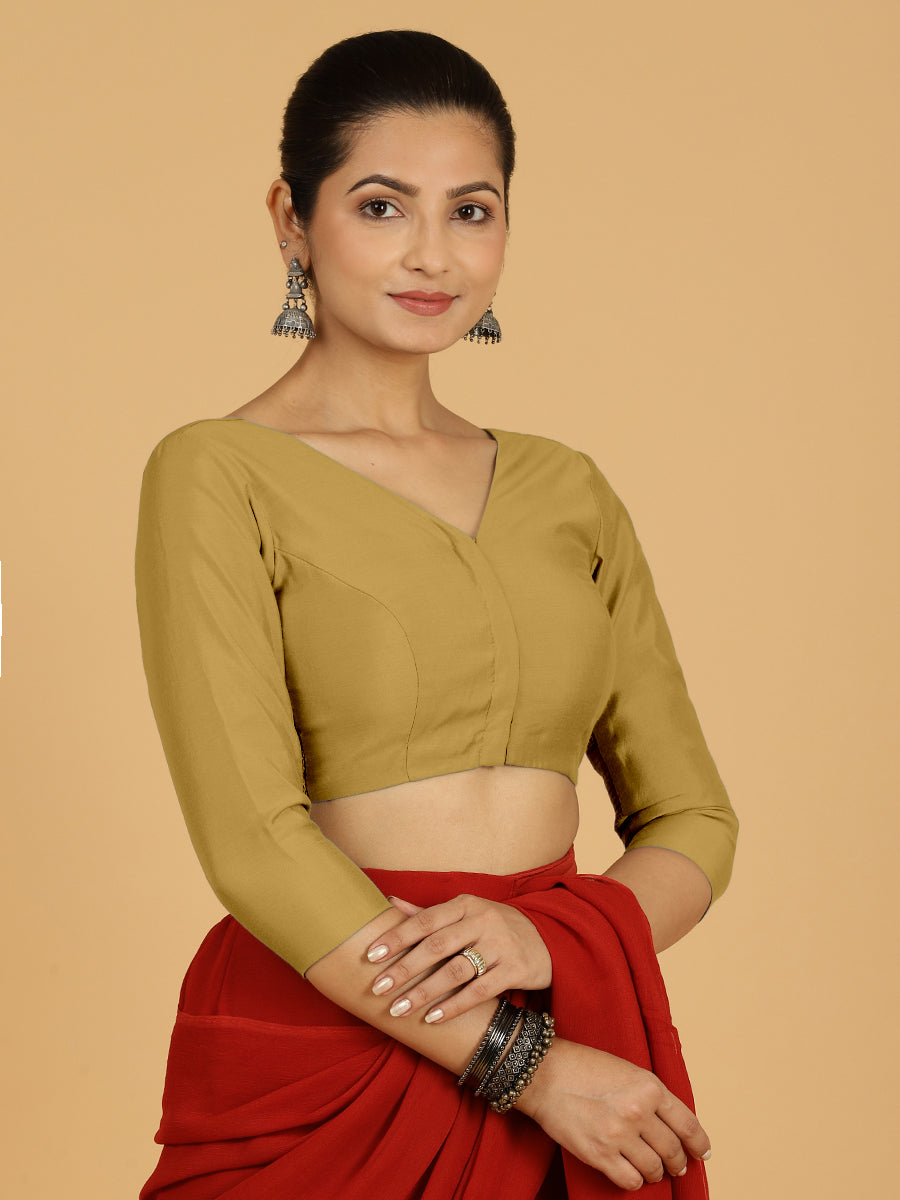 Alia x Rozaana Saree Blouse, in Yellow Viscose, featuring three quarter sleeves and v-neckline, made for daily & work (view 8).