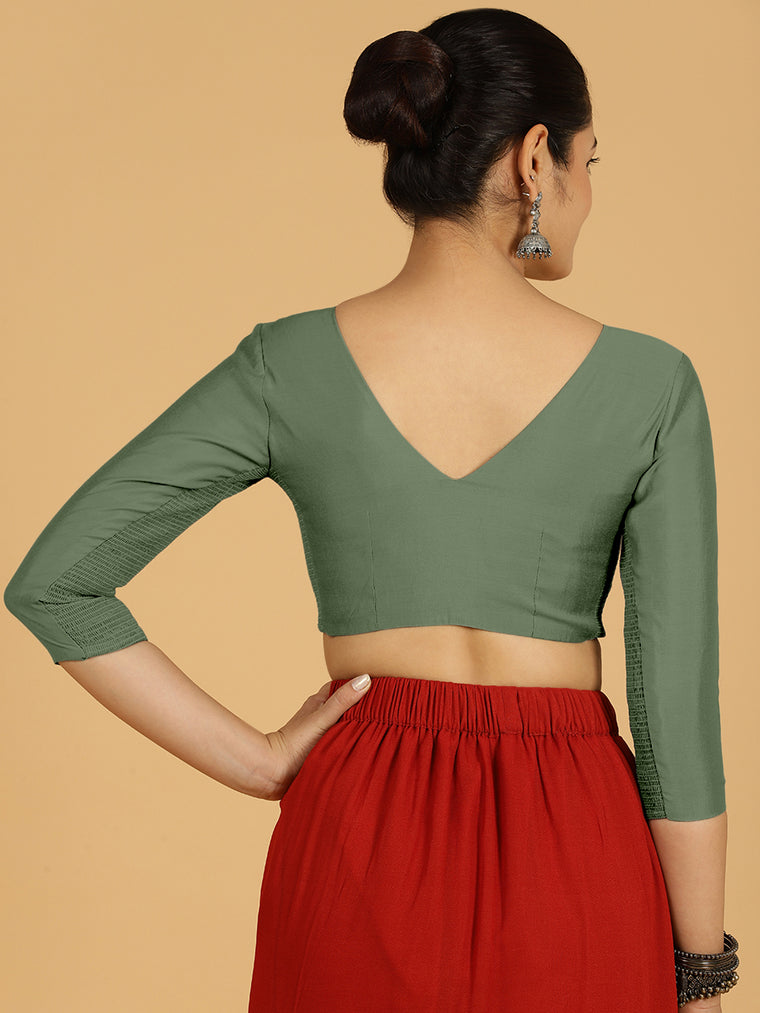 Alia x Rozaana Saree Blouse, in Green Viscose, featuring three quarter sleeves and v-neckline, made for daily & work (view 2).