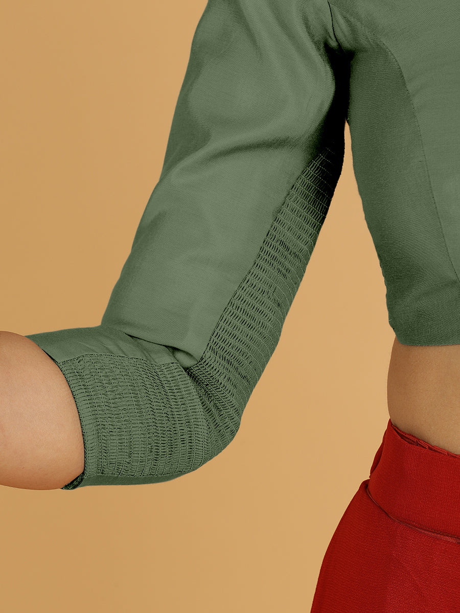 Alia x Rozaana Saree Blouse, in Green Viscose, featuring three quarter sleeves and v-neckline, made for daily & work (view 5).