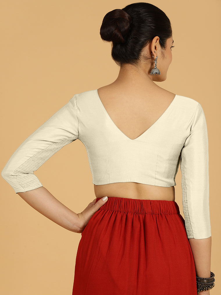 Alia x Rozaana Saree Blouse, in White Viscose, featuring three quarter sleeves and v-neckline, made for daily & work (view 2).