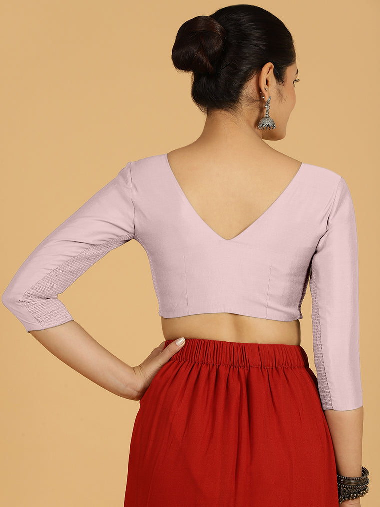 Alia x Rozaana Saree Blouse, in Purple Viscose, featuring three quarter sleeves and v-neckline, made for daily & work (view 2).