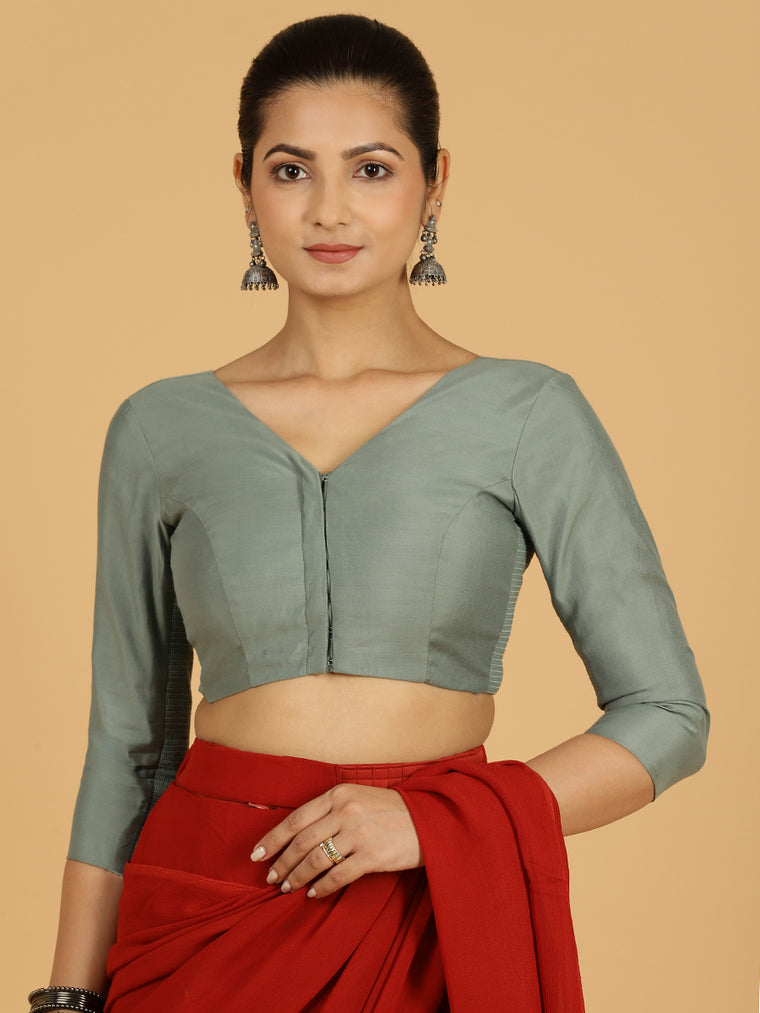 Alia x Rozaana Saree Blouse, in Green Viscose, featuring three quarter sleeves and v-neckline, made for daily & work.