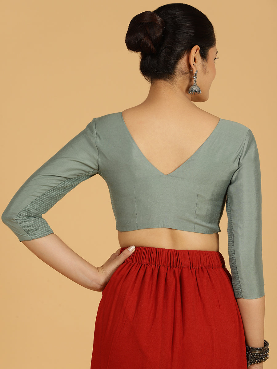 Alia x Rozaana Saree Blouse, in Green Viscose, featuring three quarter sleeves and v-neckline, made for daily & work (view 2).
