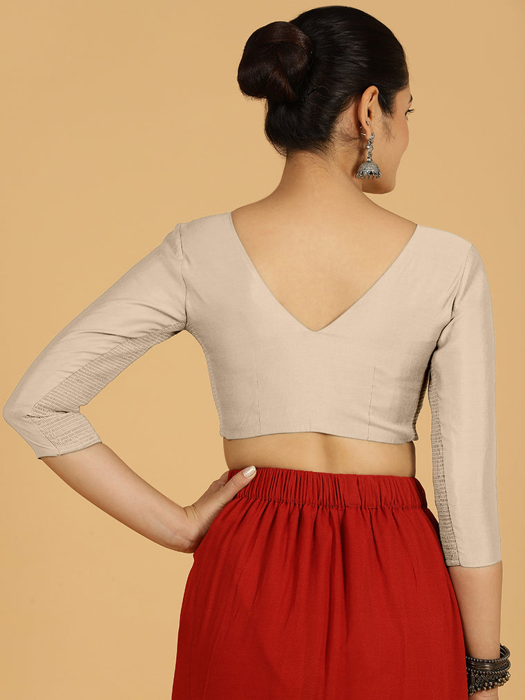 Alia x Rozaana Saree Blouse, in Grey Viscose, featuring three quarter sleeves and v-neckline, made for daily & work (view 2).