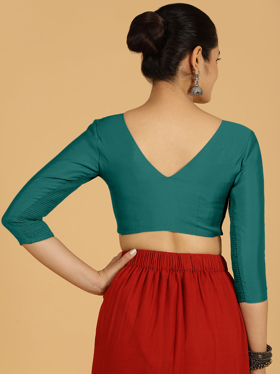 Alia x Rozaana Saree Blouse, in Green Viscose, featuring three quarter sleeves and v-neckline, made for daily & work (view 2).