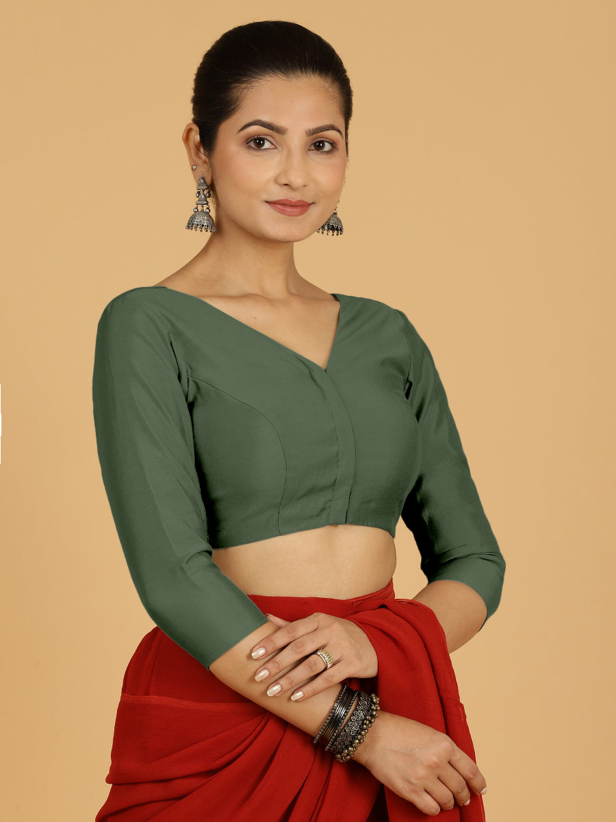 Alia x Rozaana Saree Blouse, in Green Viscose, featuring three quarter sleeves and v-neckline, made for daily & work (view 8).