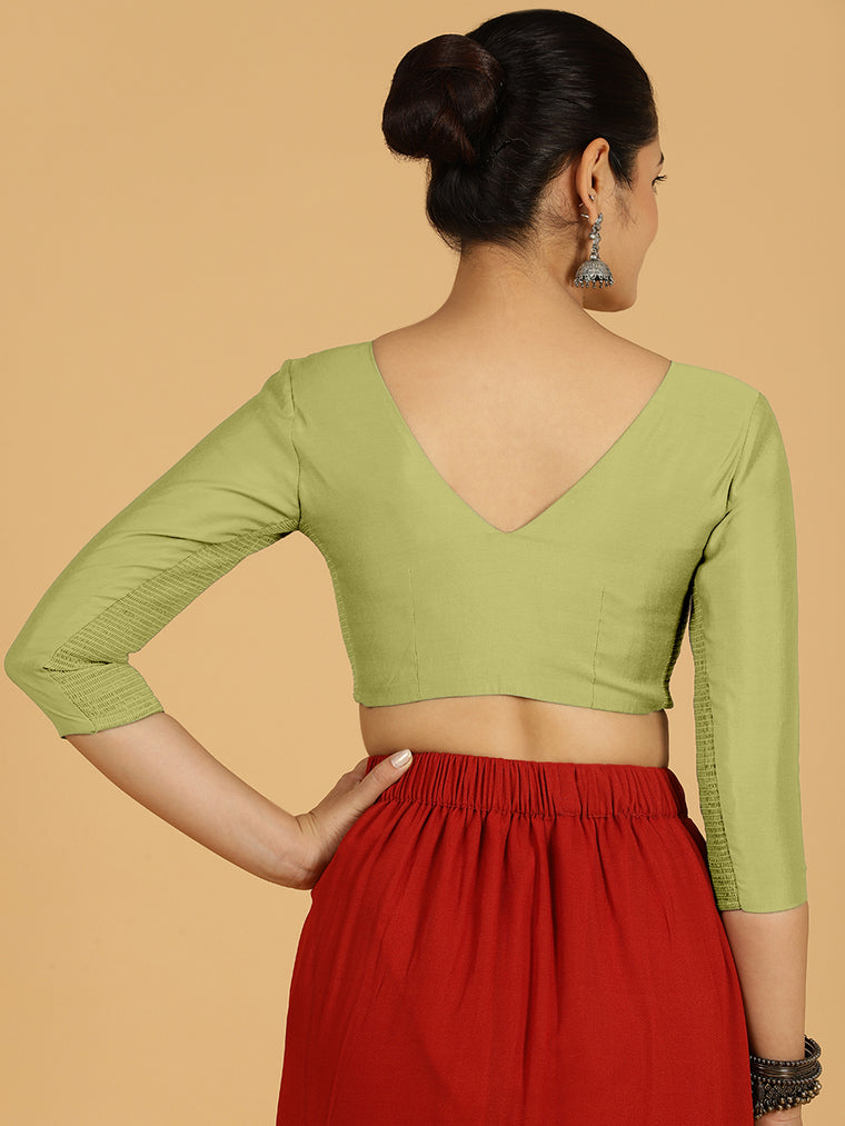 Alia x Rozaana Saree Blouse, in Green Viscose, featuring three quarter sleeves and v-neckline, made for daily & work (view 2).