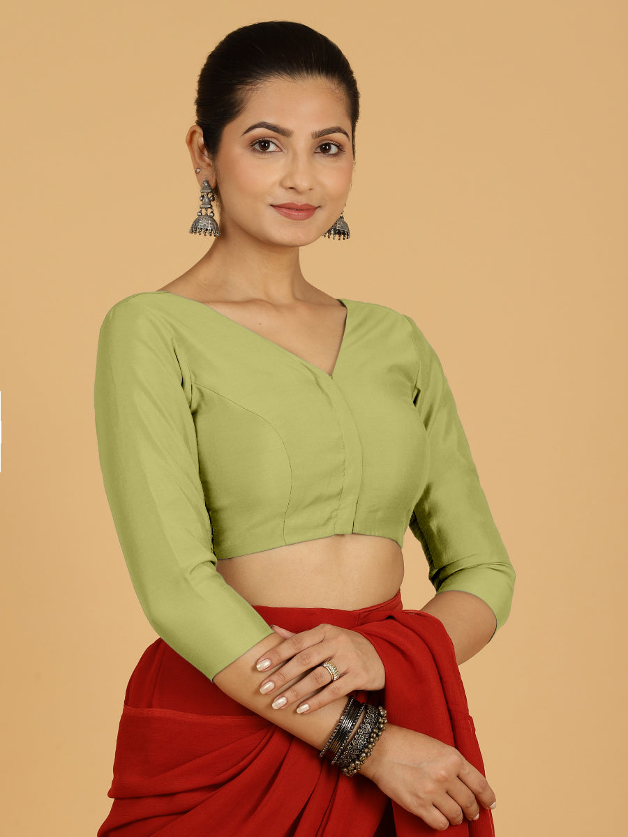 Alia x Rozaana Saree Blouse, in Green Viscose, featuring three quarter sleeves and v-neckline, made for daily & work (view 8).