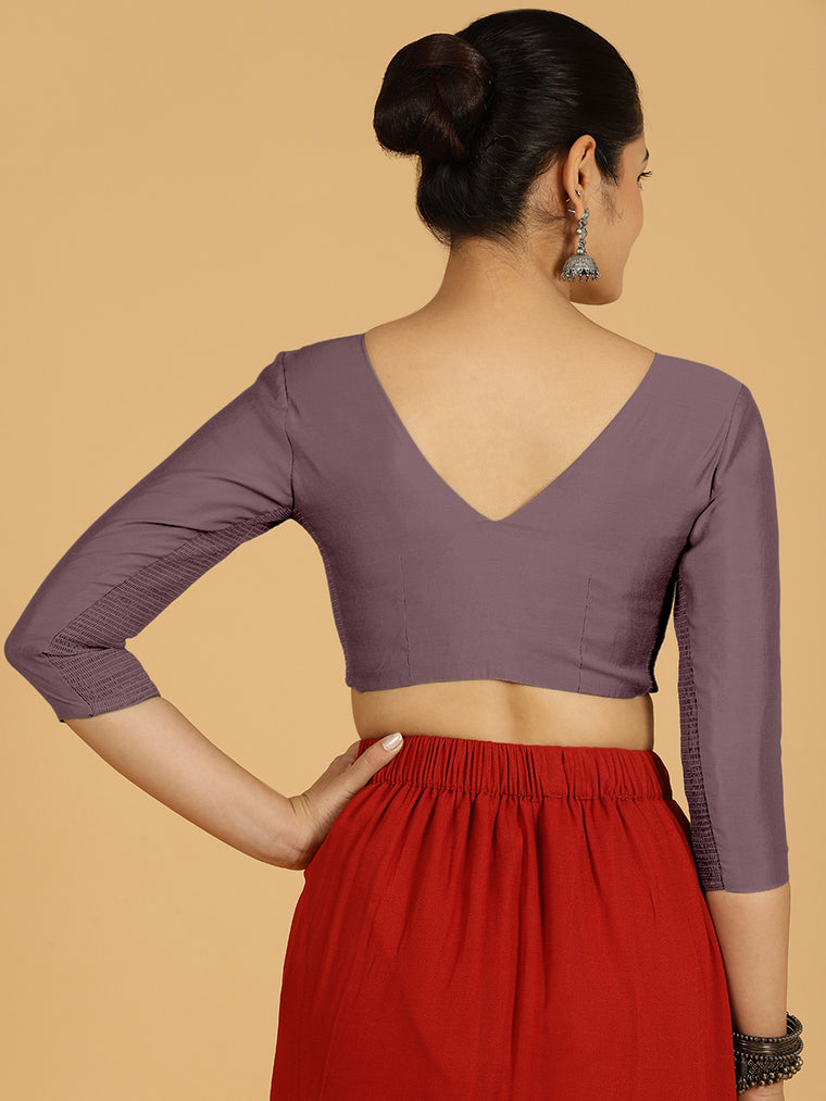Alia x Rozaana Saree Blouse, in Purple Viscose, featuring three quarter sleeves and v-neckline, made for daily & work (view 2).
