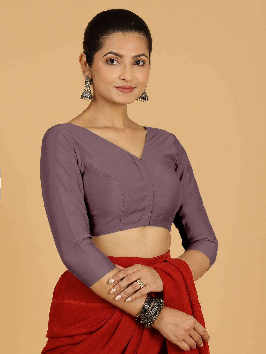 Alia x Rozaana Saree Blouse, in Purple Viscose, featuring three quarter sleeves and v-neckline, made for daily & work (view 8).