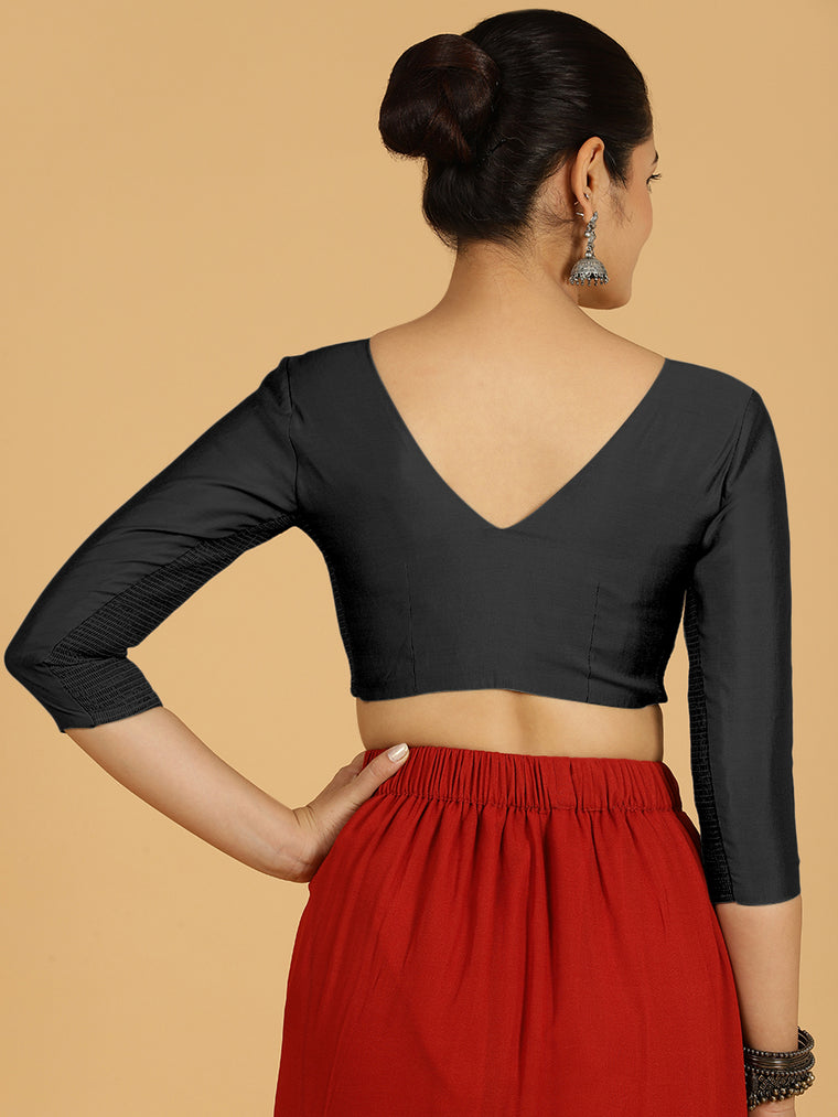 Alia x Rozaana Saree Blouse, in Black Viscose, featuring three quarter sleeves and v-neckline, made for daily & work (view 2).