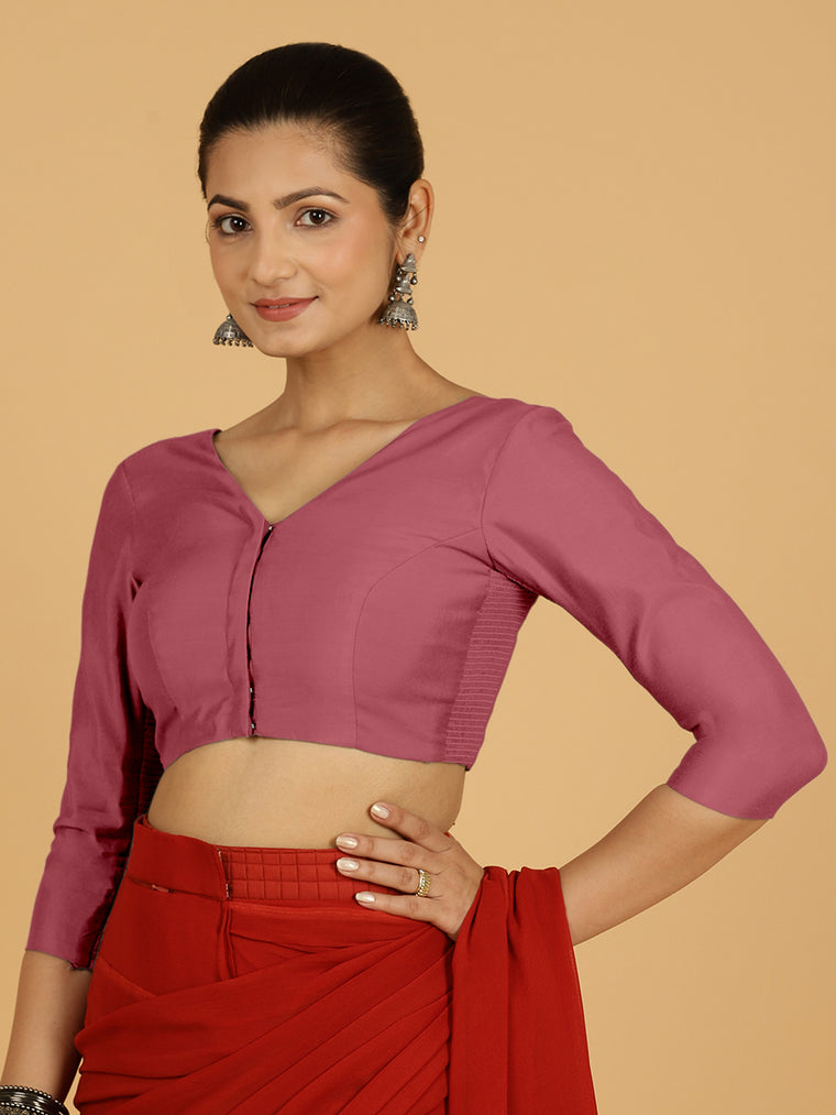 Alia x Rozaana Saree Blouse, in Pink Viscose, featuring three quarter sleeves and v-neckline, made for daily & work.