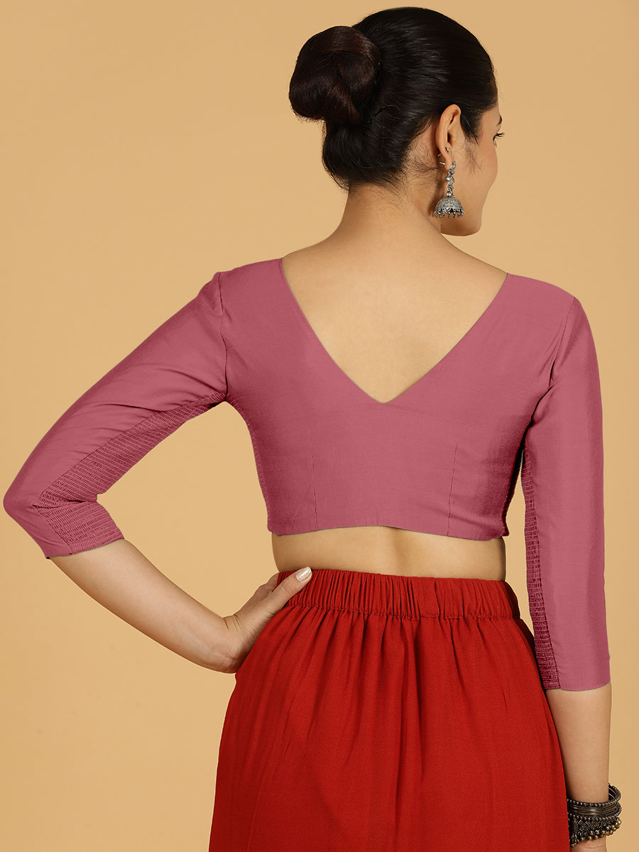 Alia x Rozaana Saree Blouse, in Pink Viscose, featuring three quarter sleeves and v-neckline, made for daily & work (view 2).