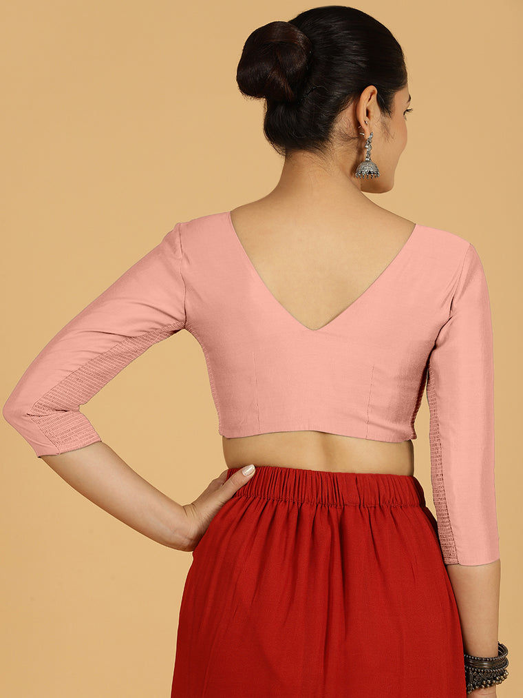 Alia x Rozaana Saree Blouse, in Pink Viscose, featuring three quarter sleeves and v-neckline, made for daily & work (view 2).