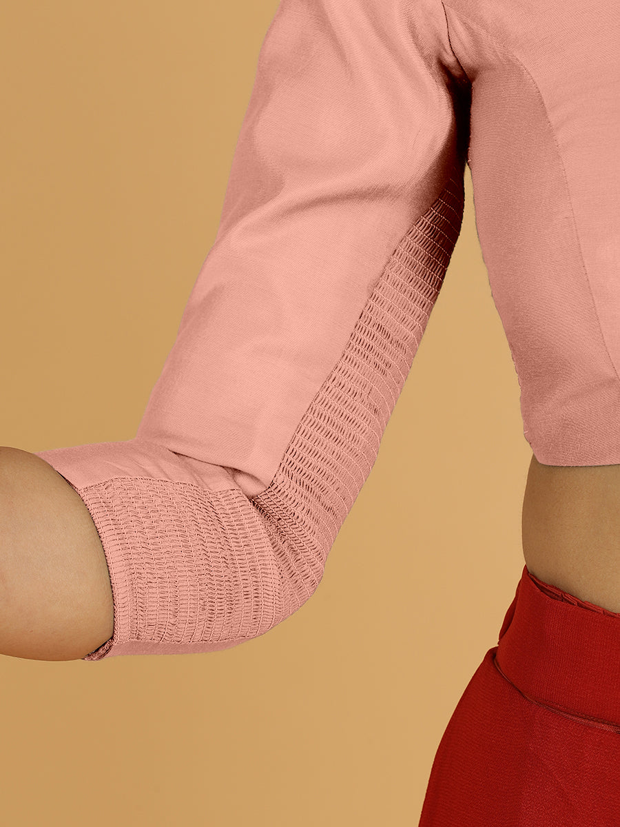 Alia x Rozaana Saree Blouse, in Pink Viscose, featuring three quarter sleeves and v-neckline, made for daily & work (view 5).