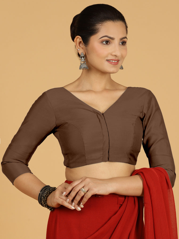 Alia x Rozaana Saree Blouse, in Brown Viscose, featuring three quarter sleeves and v-neckline, made for daily & work.