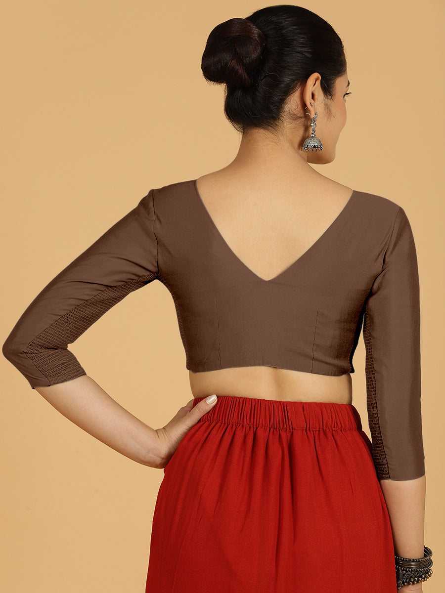 Alia x Rozaana Saree Blouse, in Brown Viscose, featuring three quarter sleeves and v-neckline, made for daily & work (view 2).