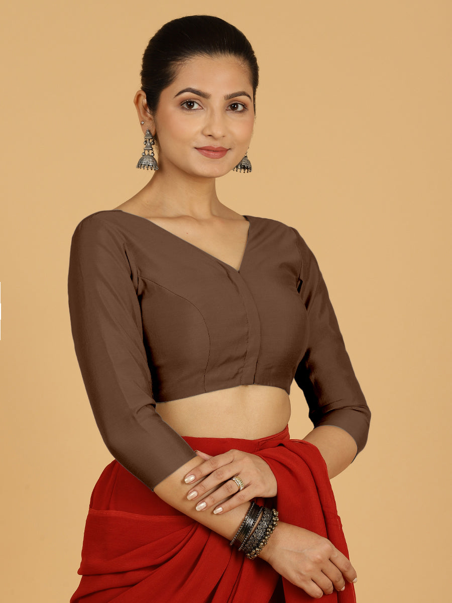 Alia x Rozaana Saree Blouse, in Brown Viscose, featuring three quarter sleeves and v-neckline, made for daily & work (view 8).