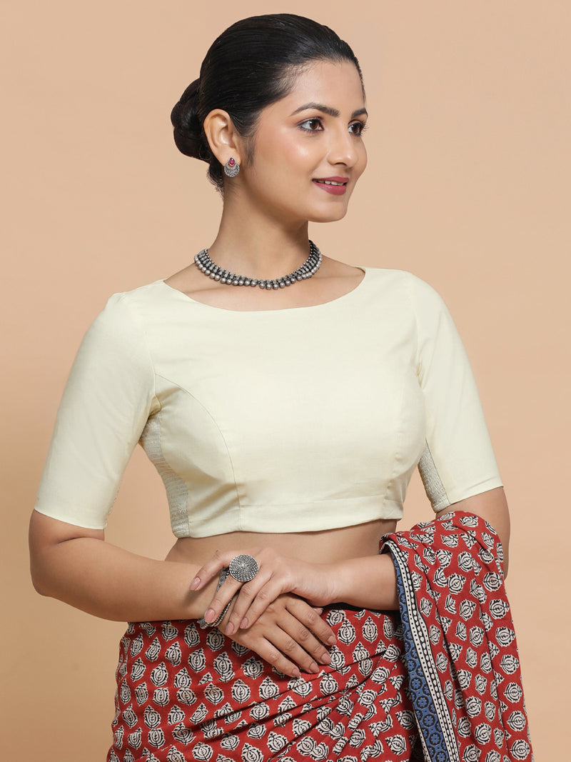 Alka x Rozaana | Boat Neck Saree Blouse in Chalk White Linen-Binks