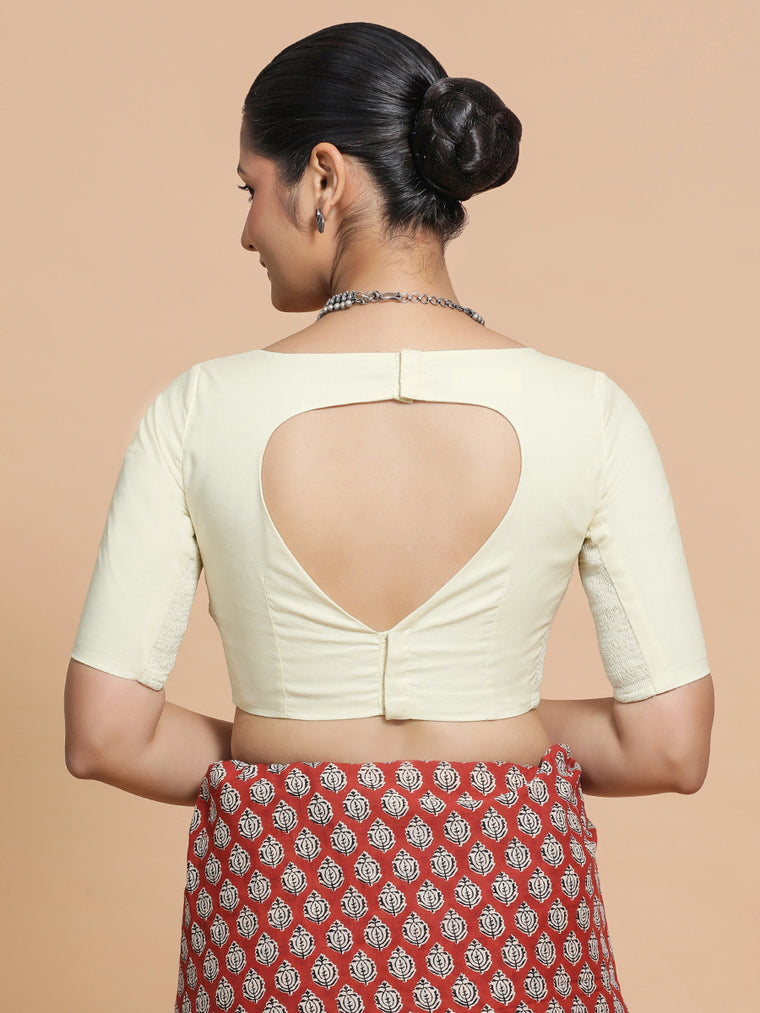 Alka x Rozaana Saree Blouse, in White Linen, featuring elbow sleeves and boat neckline, made for daily & work (view 2).