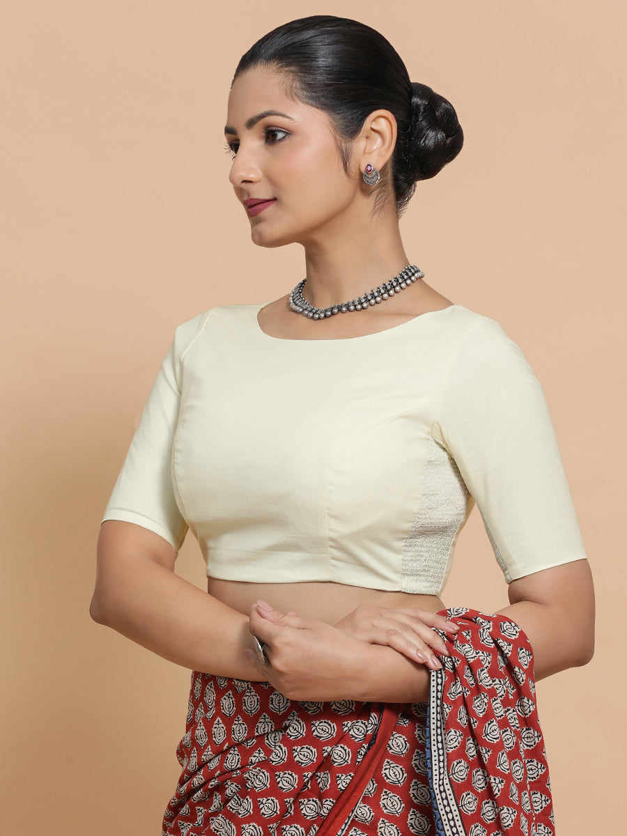 Alka x Rozaana Saree Blouse, in White Linen, featuring elbow sleeves and boat neckline, made for daily & work (view 5).