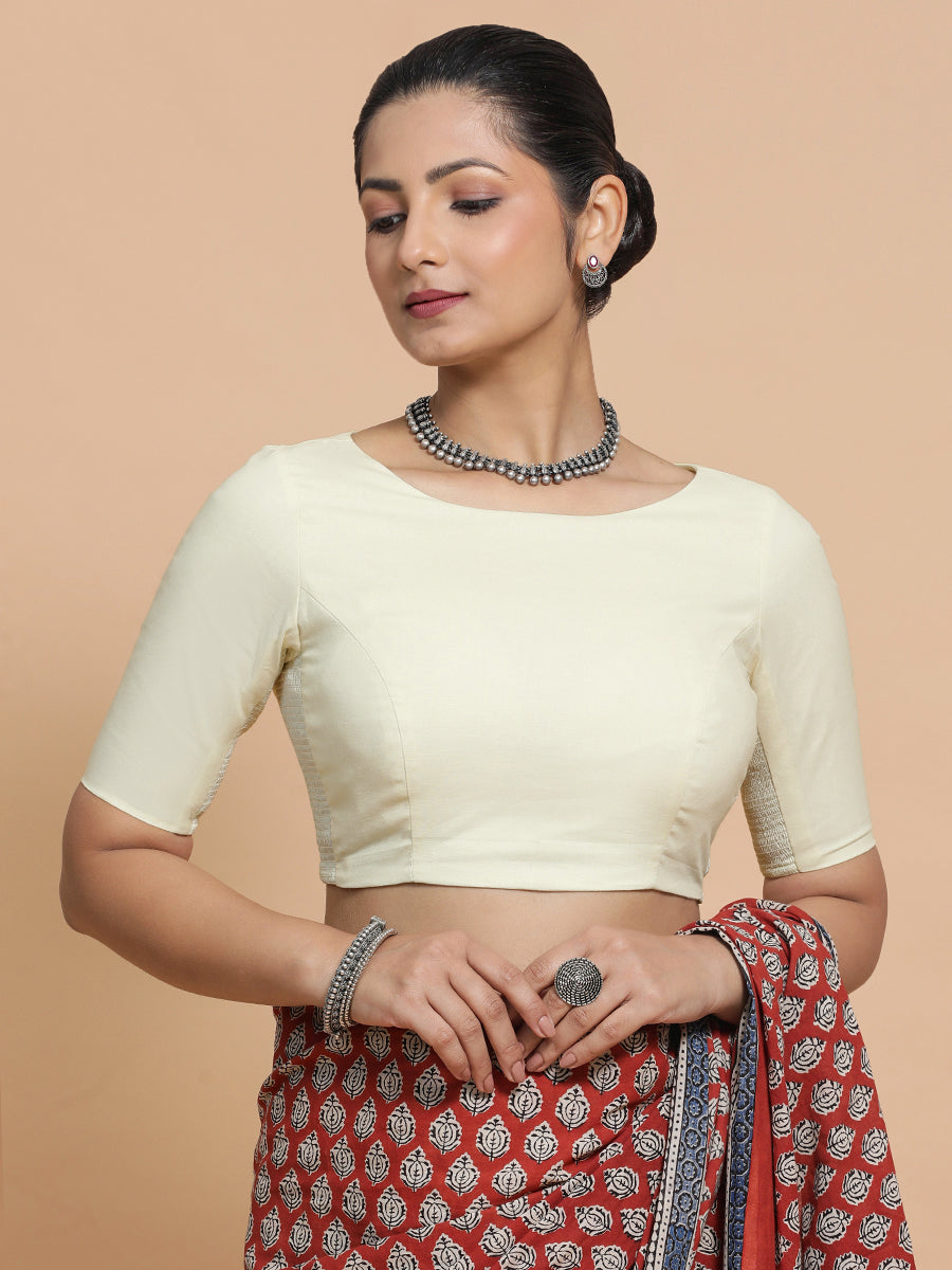 Alka x Rozaana Saree Blouse, in White Linen, featuring elbow sleeves and boat neckline, made for daily & work (view 6).