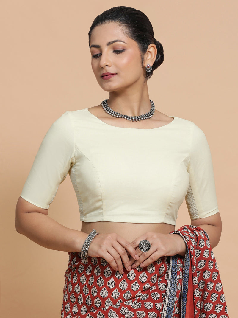 Alka x Rozaana | Boat Neck Saree Blouse in Chalk White Linen-Binks