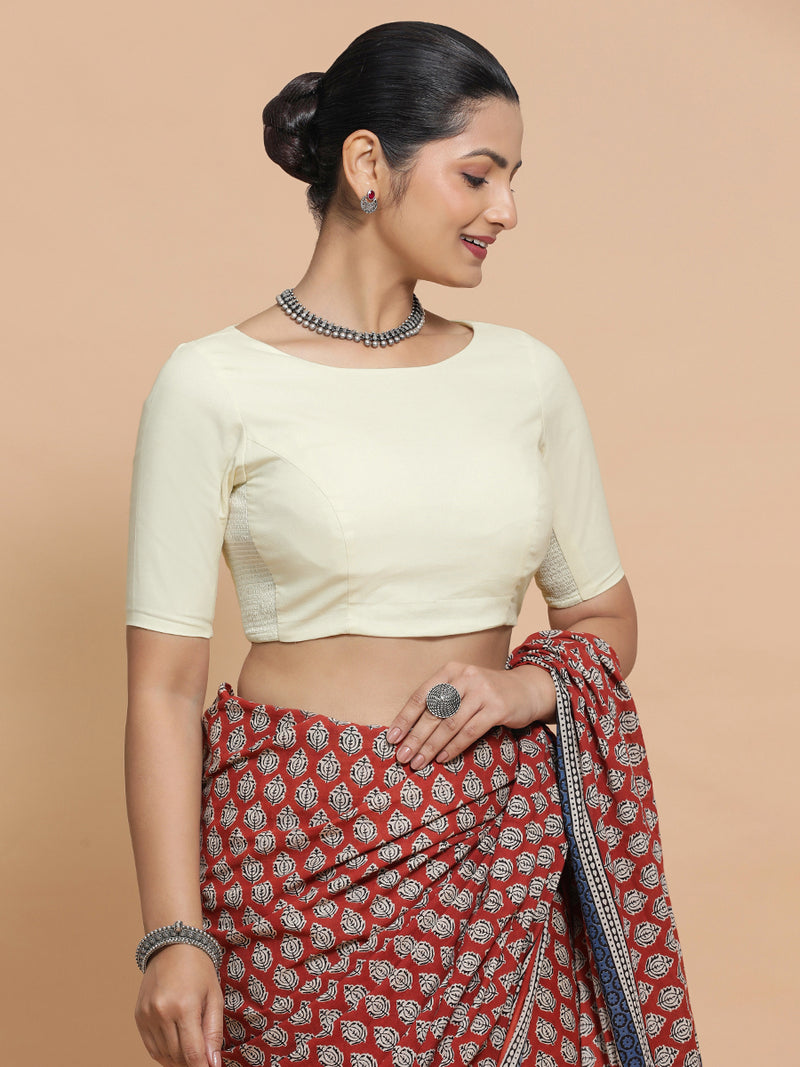 Alka x Rozaana | Boat Neck Saree Blouse in Chalk White Linen-Binks