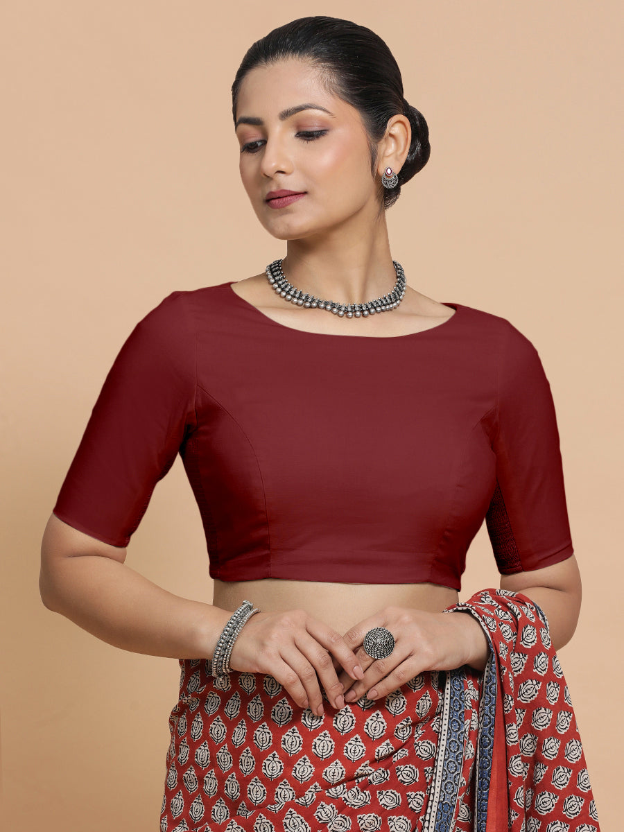 Alka x Rozaana Saree Blouse, in Red Linen, featuring elbow sleeves and boat neckline, made for daily & work.