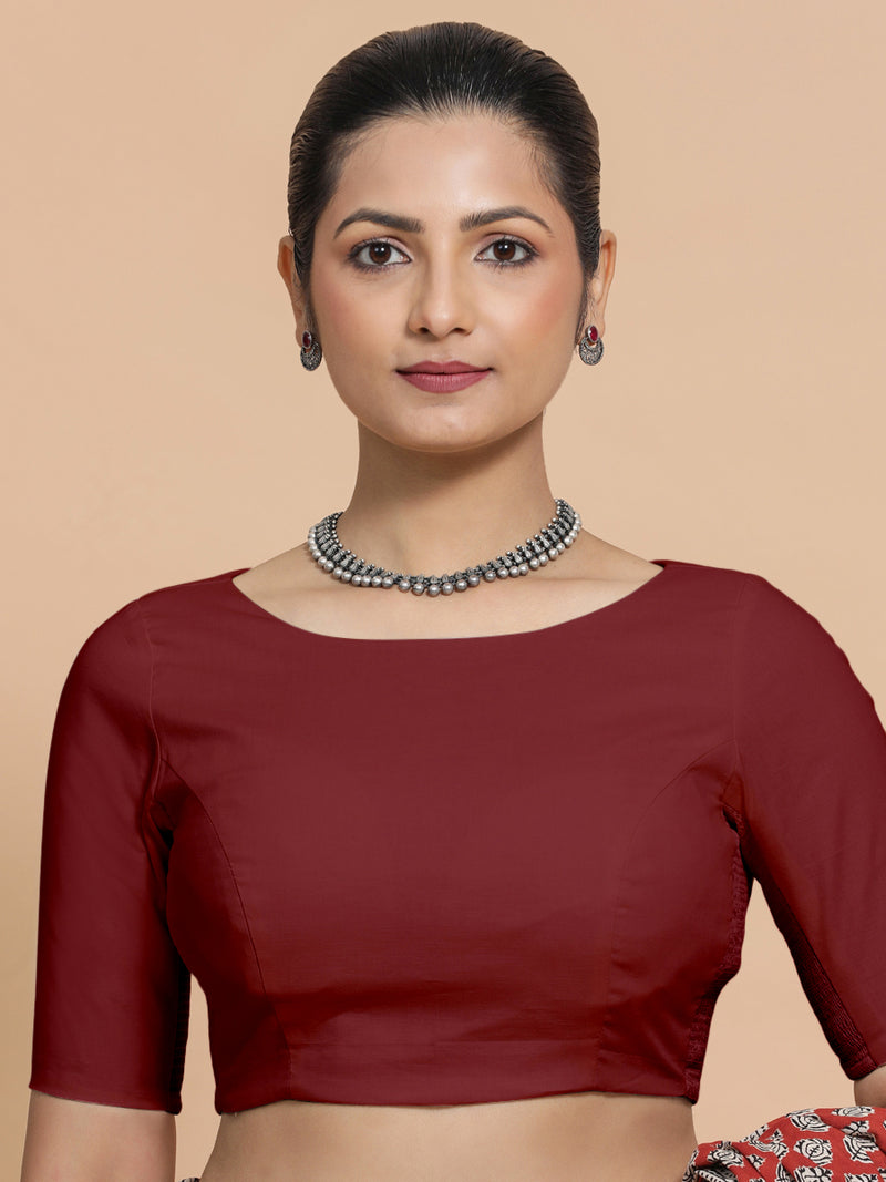 Alka x Rozaana | Boat Neck Saree Blouse in Cranberry Red Linen-Binks