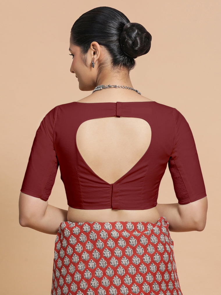 Alka x Rozaana Saree Blouse, in Red Linen, featuring elbow sleeves and boat neckline, made for daily & work (view 2).