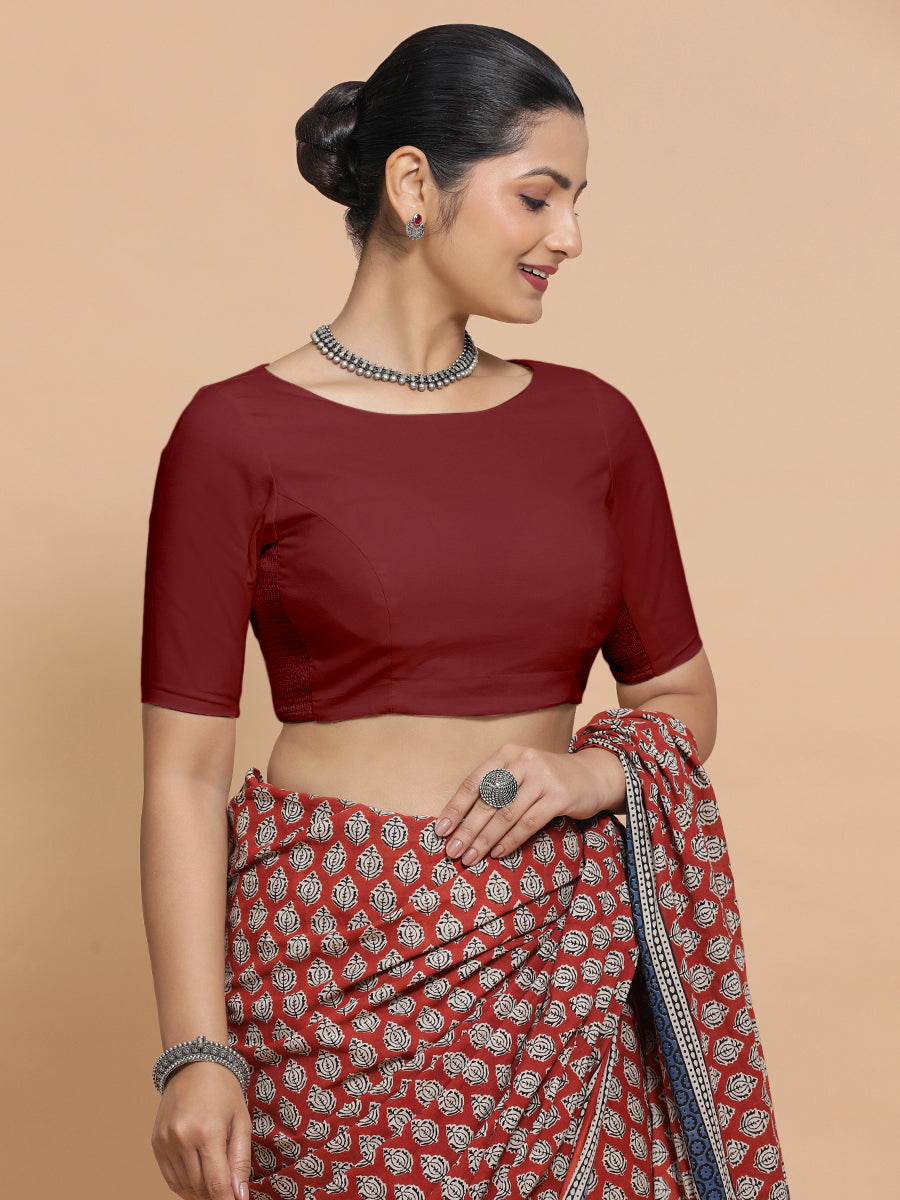 Alka x Rozaana Saree Blouse, in Red Linen, featuring elbow sleeves and boat neckline, made for daily & work (view 8).