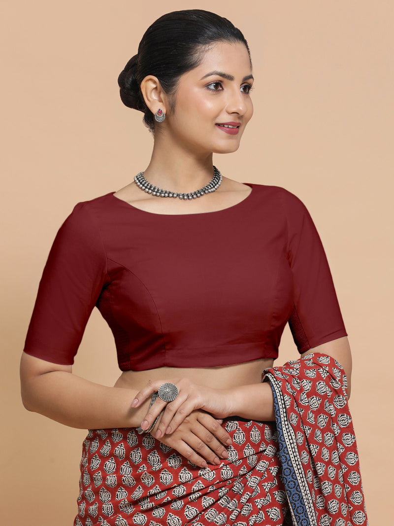 Alka x Rozaana | Boat Neck Saree Blouse in Cranberry Red Linen-Binks