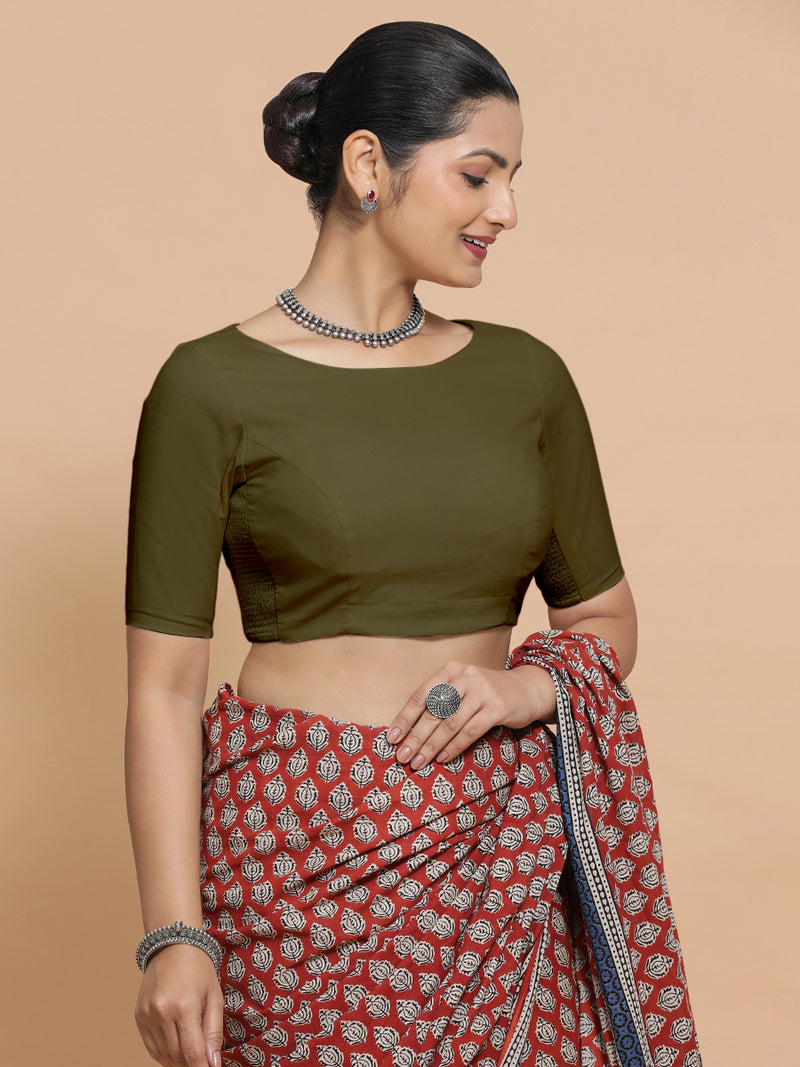 Alka x Rozaana | Boat Neck Saree Blouse in Deep Olive Green Linen-Binks