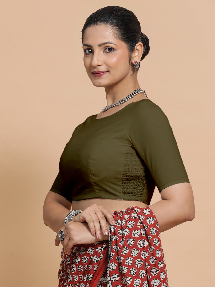 Alka x Rozaana Saree Blouse, in Green Linen, featuring elbow sleeves and boat neckline, made for daily & work (view 8).