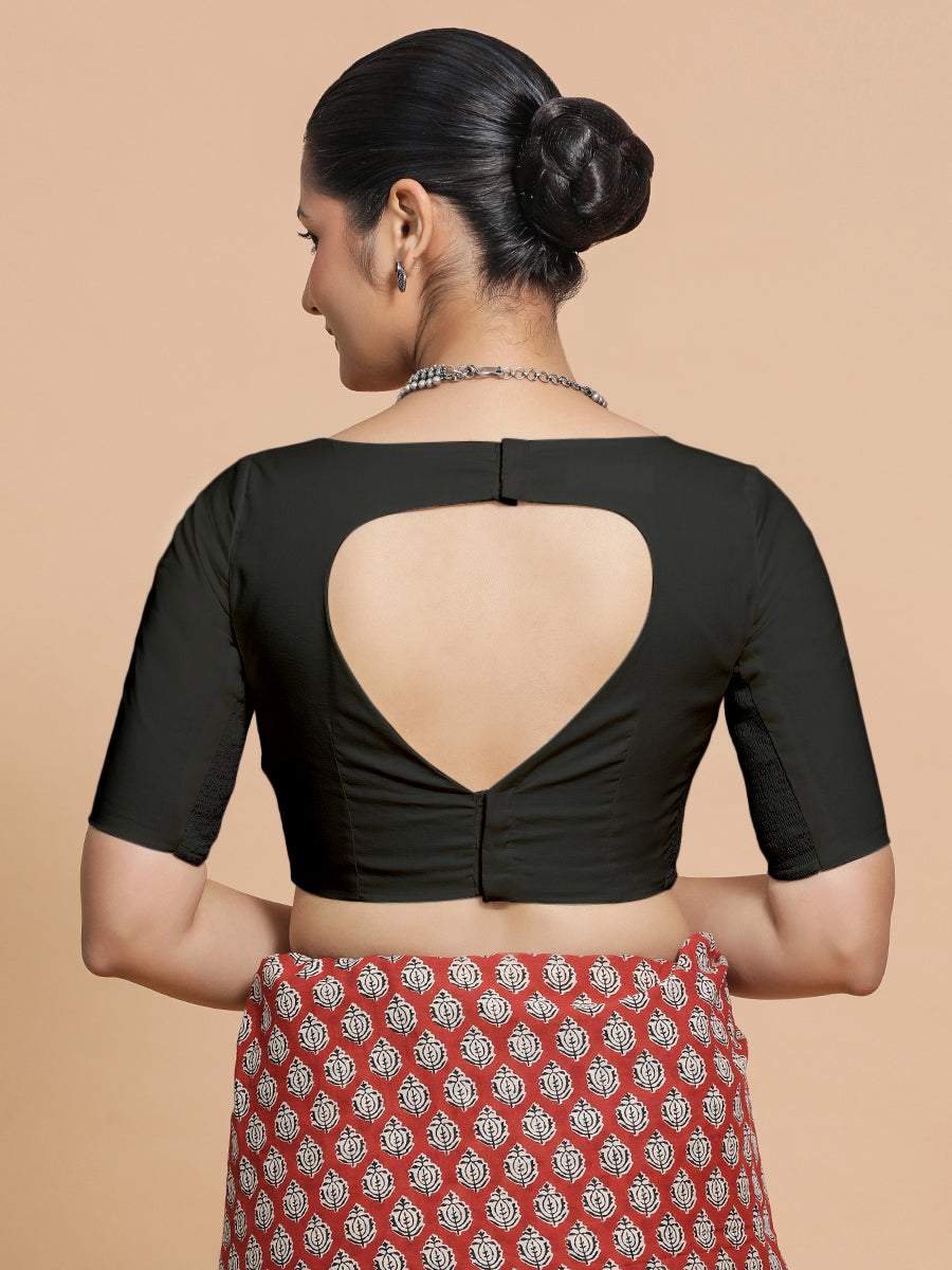 Alka x Rozaana Saree Blouse, in Black Linen, featuring elbow sleeves and boat neckline, made for daily & work (view 2).