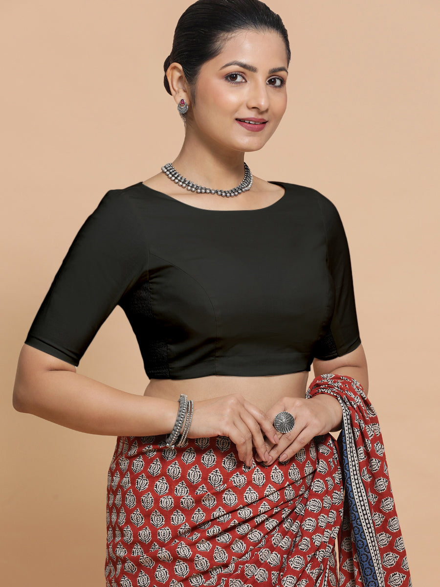 Alka x Rozaana Saree Blouse, in Black Linen, featuring elbow sleeves and boat neckline, made for daily & work (view 8).